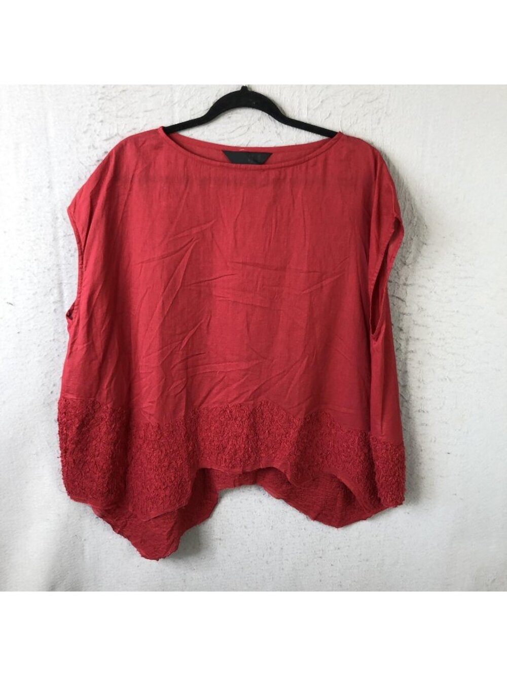 Moyuru Tunic Top Womens M Red Cotton Textured Hem Lagenlook Artsy Oversized